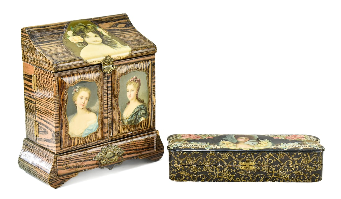 VICTORIAN LADY'S VANITY SET: A Victorian lady's vanity set including a vanity with tools and a storage drawer, and a storage box. The vanity has wood and paper decorated veneer. The tools have abalone grips. The vanity measures 1