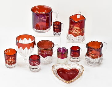 ASSORTED RUBY CUT-TO-CLEAR SOUVENIR GLASSWARE
