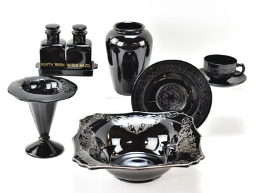 ASSORTED BLACK AMETHYST GLASSWARE: DUGAN & MORE