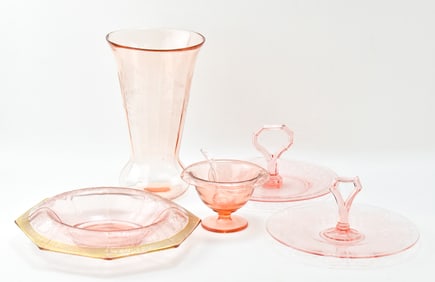 ASSORTED PINK DEPRESSION PATTERN GLASSWARE