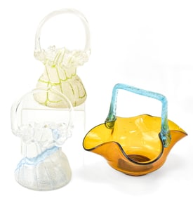 THREE HAND-BLOWN GLASS BASKETS: AMBER & OVERSHOT GLASS