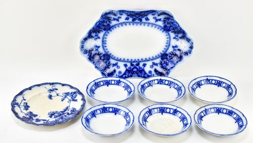 ASSORTED ENGLISH FLOW-BLUE TABLEWARE