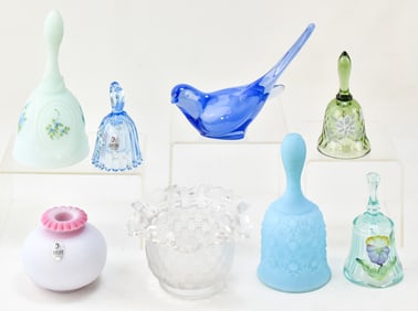 COLLECTION OF FENTON BELLS, HAPPINESS BIRD & VASES