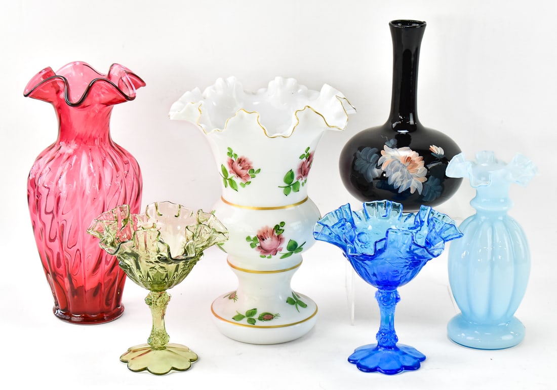 ASSORTED FENTON GLASSWARE VASES & COMPOTES (1 of 2)