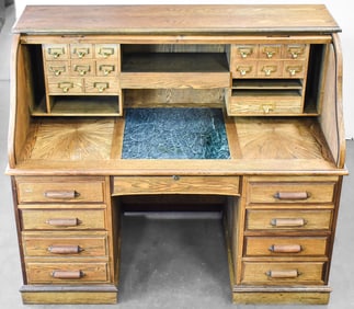 MID-LATE 20TH C. OAK ROLL-TOP SECRETARY DESK