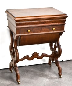 VICTORIAN FIGURED WALNUT & MAPLE INLAY SEWING TABLE