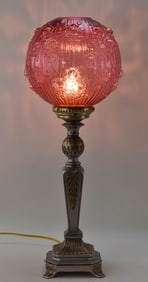 FENTON ART DECO-STYLE CRANBERRY 'CABBAGE ROSE' BANQUET OR TABLE LAMP