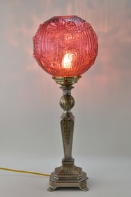 FENTON ART DECO-STYLE CRANBERRY 'CABBAGE ROSE' BANQUET OR TABLE LAMP
