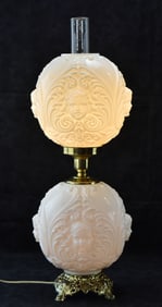 VICTORIAN CHERUB FACED MILK GLASS GWTW CONVERTED OIL LAMP