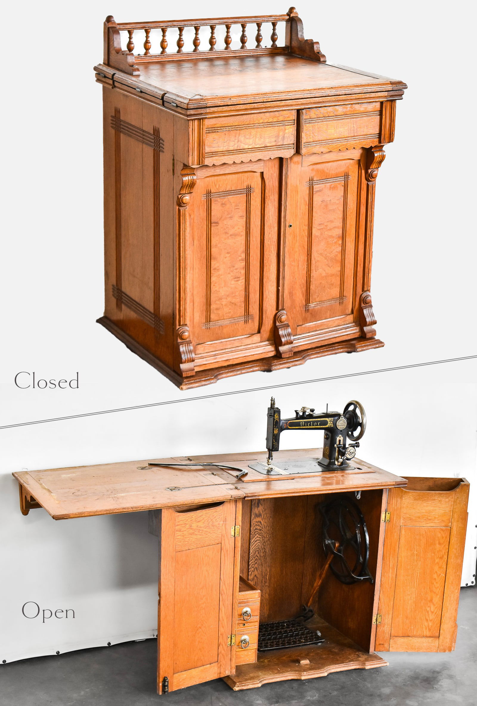 ANTIQUE VICTOR COLLAPSIBLE SEWING MACHINE CABINET: An antique c. 1886 Victor collapsible sewing machine and figured oak cabinet measuring 35" H x 25" W x 21.5" D.