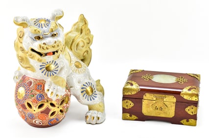 JAPANESE KUTANI SHISHI & CHINESE RED LACQUER JEWELRY OR TRINKET BOX