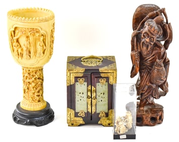 CHINESE CARVED CHALICE, FIGURINES, & JEWELRY OR TRINKET CABINET