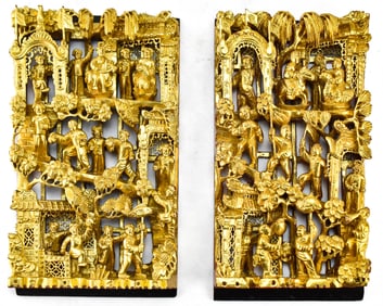 PAIR OF CHINESE CARVED & GILDED WOOD DIORAMA RELIEF PANELS