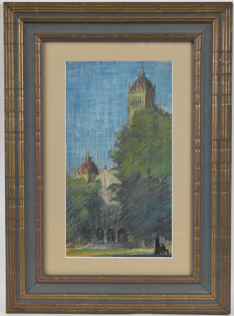 SIGNED ARCHITECTURAL OIL PASTEL: Original architectural oil pastel on paper signed by artist, lower right. Art measures 10" H x 5.5" W presented in a frame measuring 16" H x 11.5" W x 1" D.