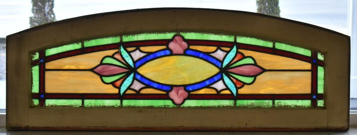 ANTIQUE STAINED SLAG GLASS TRANSOM WINDOW