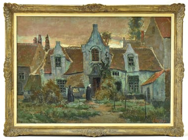 'MANOR HOUSE COURTYARD SCENE' SIGNED OIL PAINTING
