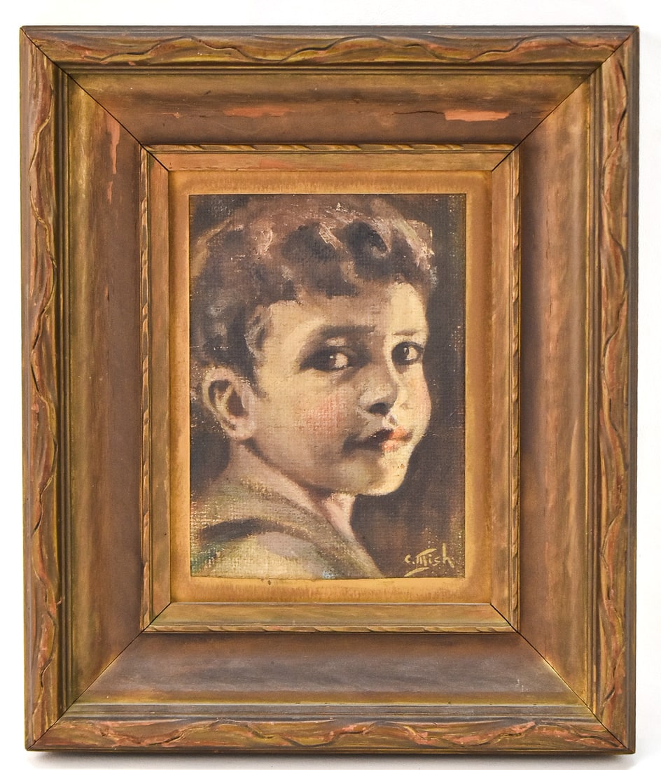 'ITALIAN BOY' OIL PAINTING PORTRAIT BY CHARLOTTE MISH: Original oil painting on paper by listed Oregon artist, Charlotte Roberta Mish (1903 - 1974), signed lower right and titled on the verso "Italian Boy". From the artist's estate, as stamped on the vers