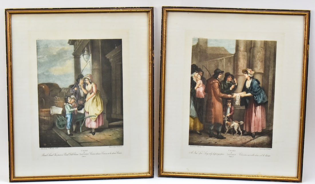 'CRIES OF LONDON' ETCHINGS BY F. WHEATLEY: Pair of etchings on paper from the series "Cries of London" originally painted by listed artist, Francis Wheatley (UK, 1747 - 1801) and engraved in England by G. Vendramini and A. Cardon. One titled "