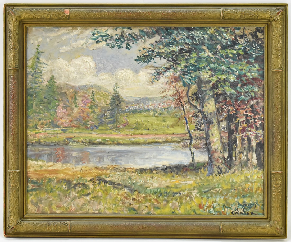 FRANKLIN COURTER 'THE PASSAIC RIVER NEAR PATERSON NJ' OIL PAINTING: Original oil painting on board by listed artist, Franklin C. Courter (MI, NJ, 1854 - 1947), signed lower right, dated 1908 on the verso and titled "The Passaic River near Paterson, NJ". Art measures 1