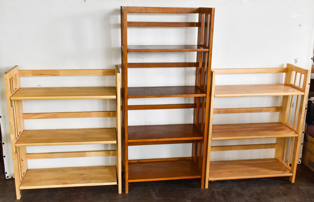 THREE CONTEMPORARY STACKABLE STORAGE SHELVES IN MAPLE & WALNUT: A set of three contemporary stackable storage shelves in maple and walnut. The largest walnut shelf measures 40" H x 22.5" W x 11.5" D.