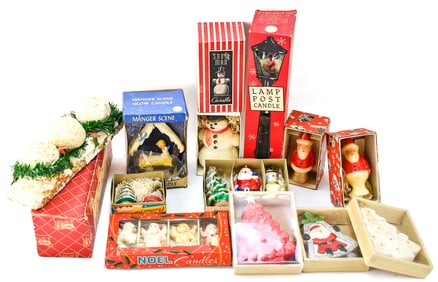 VINTAGE CHRISTMAS CANDLES IN ORIGINAL BOXES: GURLEY, COLUMBIA WAX WORKS, PEACOCK BRAND, & MORE