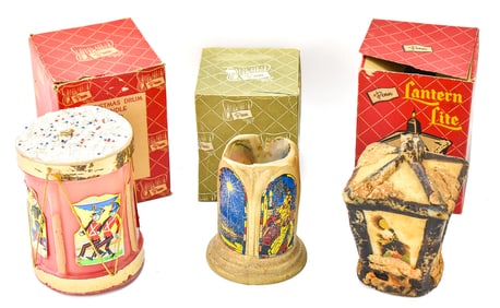 PENN WAX WORKS CHRISTMAS CANDLES IN ORIGINAL BOXES: DRUM, HOLY NIGHT, & LANTERN LITE CANDLES