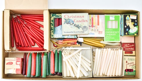 VINTAGE CHRISTMAS & BIRTHDAY TAPED CANDLES: SOCONY, CYPRESS, PACIFIC CANDLE COMPANY, & MORE