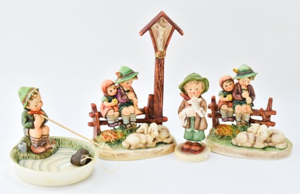 HUMMEL FIGURINES: 'EVENTIDE' NO. 99, 'JUST FISHING' NO. 373, 'THE LOST SHEEP' NO. 68, & 'WAYSIDE