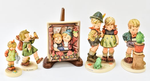 HUMMEL FIGURINES: 'CONFIDENTIALITY' NO. 314. 'GAY ADVENTURE' NO. 356, 'LITTLE GARDENER' NO. 74,