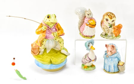 SCHMID BEATRIX POTTER FISHING FROG MUSIC BOX & FOUR BESWICK FIGURINES