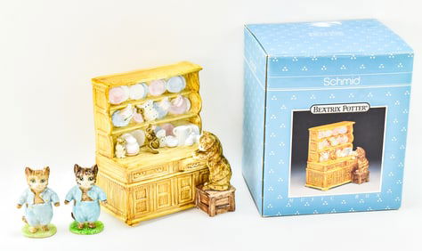SCHMID BEATRIX POTTER MISS MUPPET MUSIC BOX & TWO BESWICK CAT FIGURINES