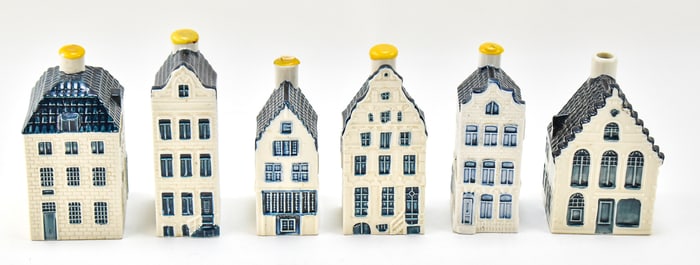 SIX BOLS DISTILLERIES BLUE DELFT MINIATURE BUILDINGS: No. 45, 49, 50, 53, 55, & 58