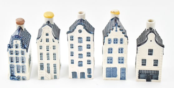 FIVE BOLS DISTILLERIES BLUE DELFT MINIATURE BUILDINGS: No. 32, 33, H35, 36, & 38.