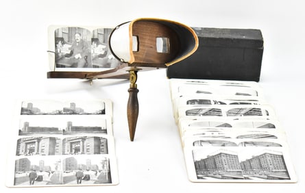ANTIQUE WALNUT & ALUMINUM STEREOSCOPE WITH SEARS ROEBUCK CO. STEREO VIEWING CARDS