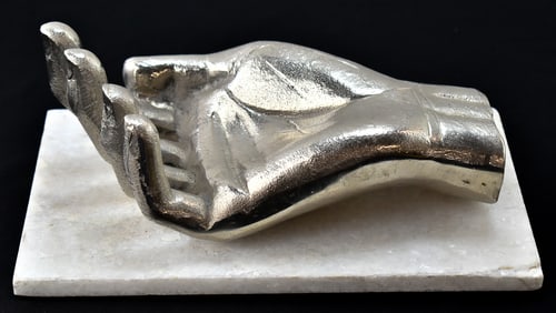 CAST ALUMINUM HAND SCULPTURE ON MARBLE BASE
