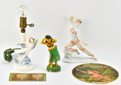 ASSORTED EARLY 20TH CENTURY DECOR: HAWAIIAN CERAMIC HULA GIRL DANCER, HOLLOWAZA PORCELAIN DANCER,