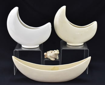 ASSORTED CRESCENT MOON VASES & FLOWER FROG