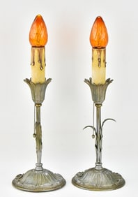 MIDCENTURY CAST ALUMINUM PAIR OF SINGLE STEM FLOWER TABLE LAMPS