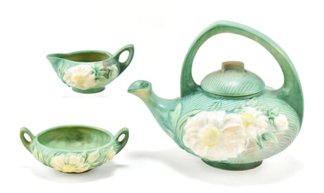 ROSEVILLE POTTERY BLUE PEONY TEAPOT #3, CREAM #3-C & SUGAR #3-S