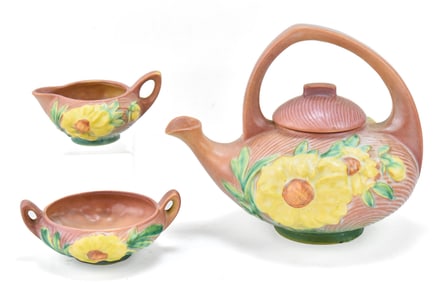 ROSEVILLE POTTERY PINK PEONY TEAPOT #3, CREAM #3-C, & SUGAR #3-S