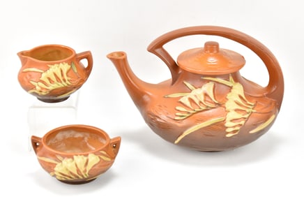 ROSEVILLE POTTERY FREESIA TEAPOT, CREAM & SUGAR