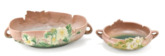 ROSEVILLE POTTERY WHITE ROSE CONSOLE #391-10 & DOUBLE HANDLE BOWL #389-6