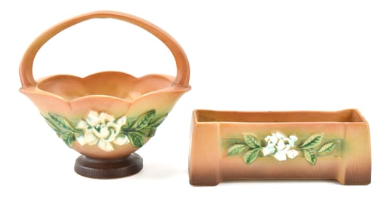 ROSEVILLE POTTERY GARDENIA BASKET #608-8 & PLANTER #658-8