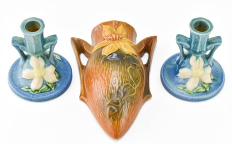 ROSEVILLE POTTERY CLEMATIS WALL POCKET #1295-8 & CANDLEHOLDERS #1159-4 1/2
