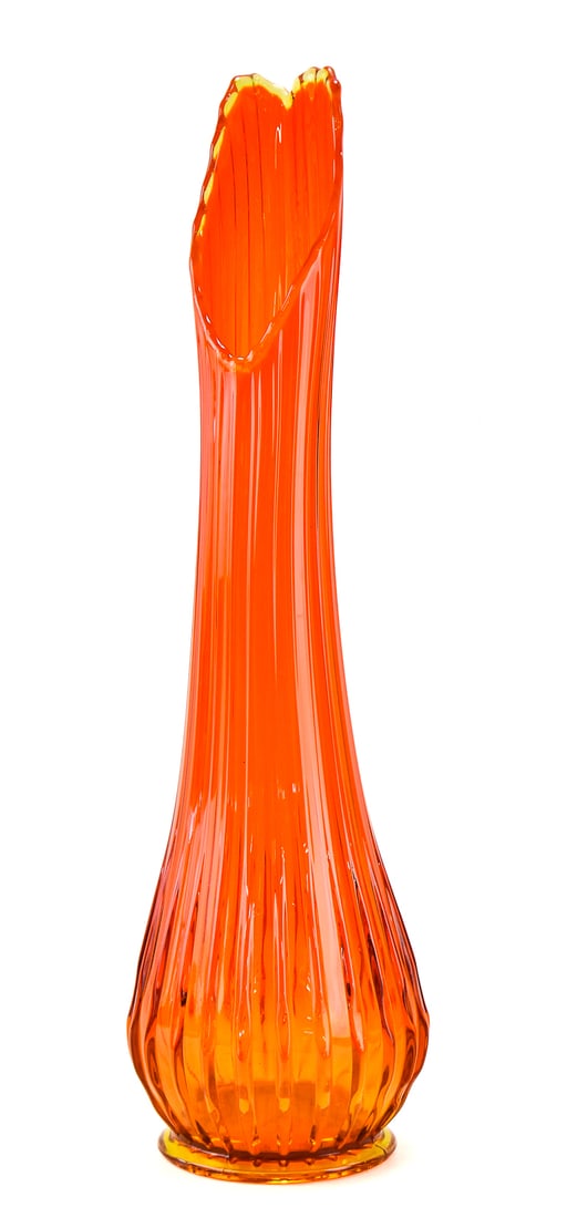 MID-CENTURY L.E. SMITH FLAME ORANGE RIBBED SWUNG VASE: A Mid-century L.E. Smith flame orange ribbed swung vase, measuring 24"H x 7" diameter, circa 1960s.