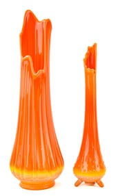 PAIR OF MID-CENTURY L.E. SMITH BITTERSWEET ORANGE SLAG GLASS SWUNG VASES