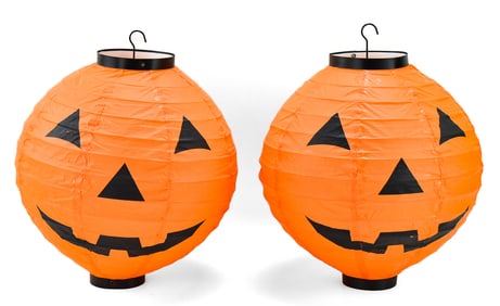 TWO JACK-O-LANTERN COLLAPSABLE HANGING PAPER LANTERNS