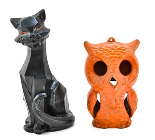1961 UNIVERSAL STATUARY CORPORATION PRISMATIC BLACK CAT STATUE & METAL HANGING OWL LANTERN