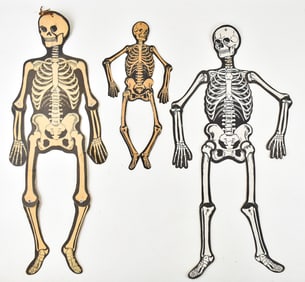 THREE VINTAGE DIECUT JOINTED SKELETONS: BEISTLE, H.E. LUHRS