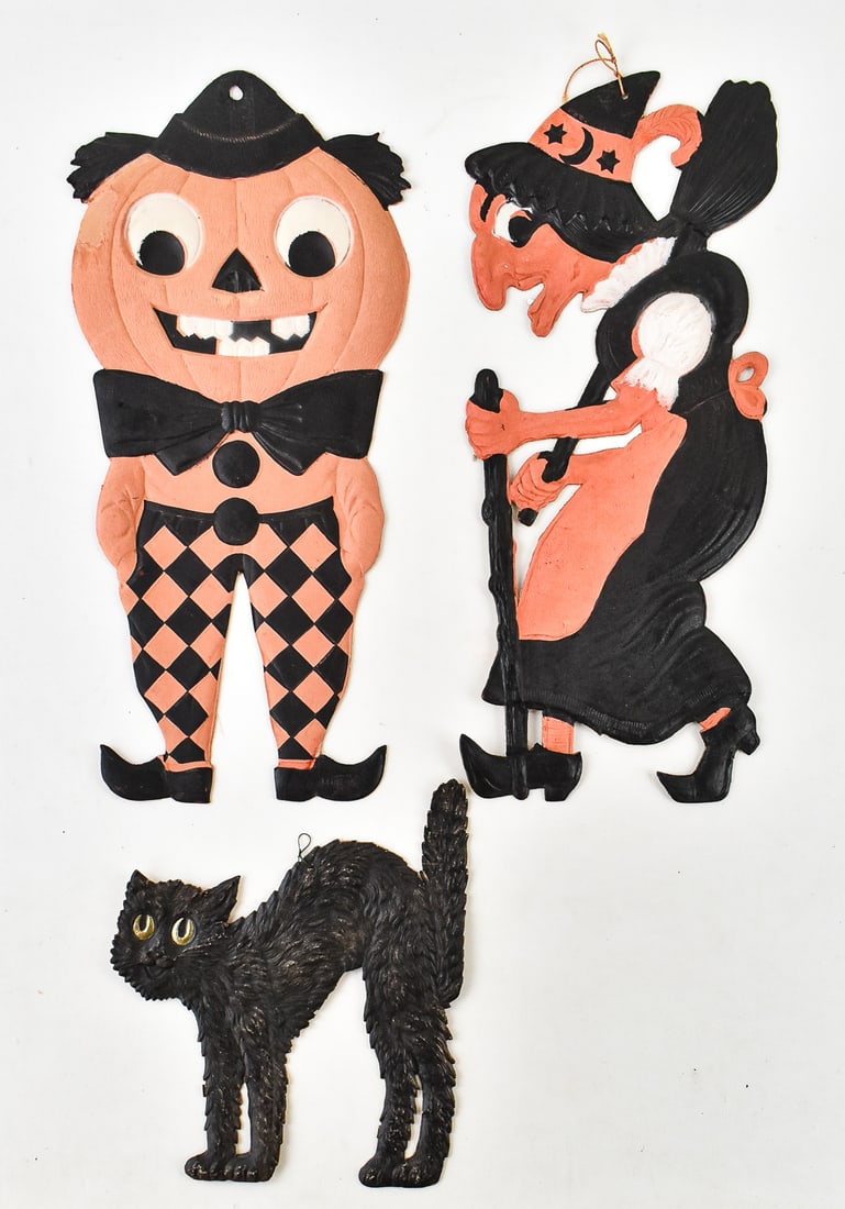 GERMAN EMBOSSED WALKING WITCH, ARCHED-BACK BLACK CAT, & JACK-O-LANTERN MAN (1 of 2)